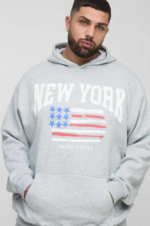 Plus New York Print Oversized Hoodie in Grey