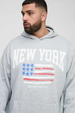 Plus New York Print Oversized Hoodie in Grey