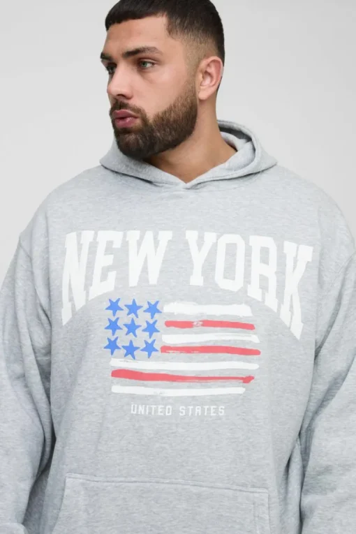 Plus New York Print Oversized Hoodie in Grey