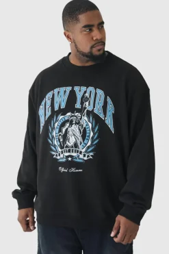 Plus New York Print Oversized Extended Neck Sweatshirt in Black