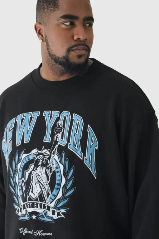 Plus New York Print Oversized Extended Neck Sweatshirt in Black