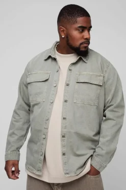 Plus Overdye Relaxed Fit Cargo Denim Overshirt