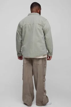 Plus Overdye Relaxed Fit Cargo Denim Overshirt
