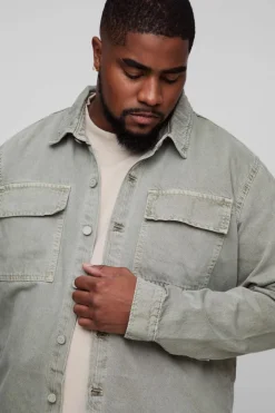 Plus Overdye Relaxed Fit Cargo Denim Overshirt