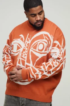 Plus Oversized Boxy Abstract Line Face Knitted Jumper