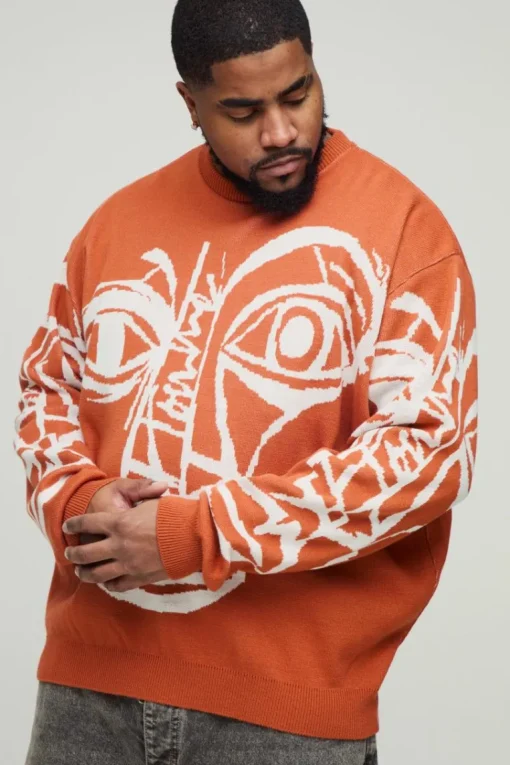 Plus Oversized Boxy Abstract Line Face Knitted Jumper
