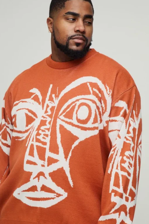 Plus Oversized Boxy Abstract Line Face Knitted Jumper