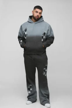Plus Oversized Boxy Applique Cross Spray Wash Hooded Relaxed Flare Tracksuit