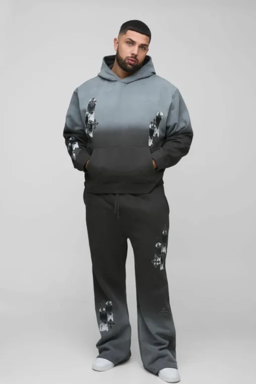 Plus Oversized Boxy Applique Cross Spray Wash Hooded Relaxed Flare Tracksuit