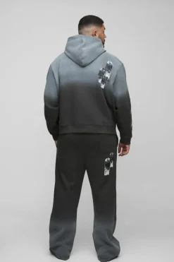 Plus Oversized Boxy Applique Cross Spray Wash Hooded Relaxed Flare Tracksuit