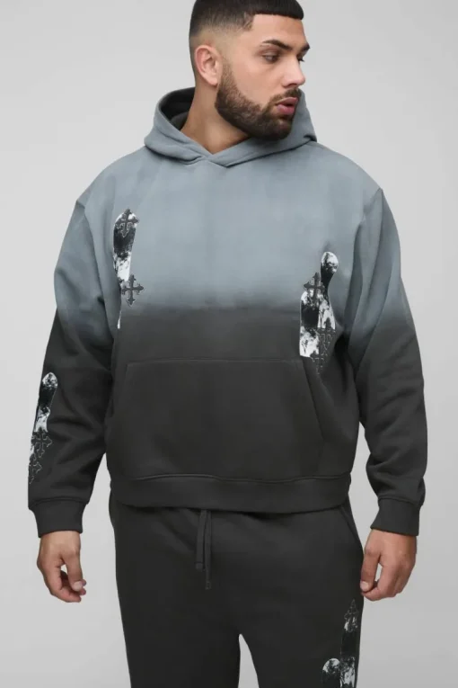 Plus Oversized Boxy Applique Cross Spray Wash Hooded Relaxed Flare Tracksuit