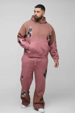 Plus Oversized Boxy Applique Cross Spray Wash Hooded Relaxed Flare Tracksuit