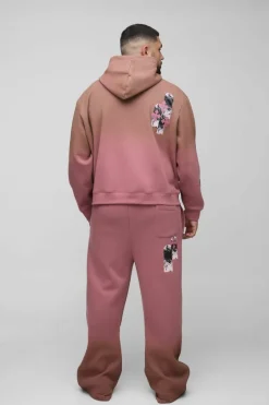 Plus Oversized Boxy Applique Cross Spray Wash Hooded Relaxed Flare Tracksuit