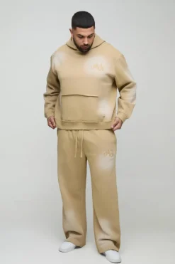 Plus Oversized Boxy Distressed Official Applique Spray Wash Hooded Tracksuit