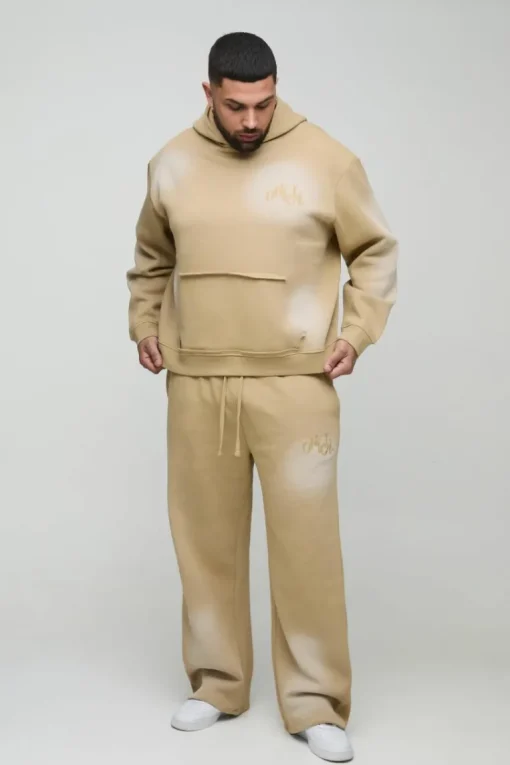 Plus Oversized Boxy Distressed Official Applique Spray Wash Hooded Tracksuit