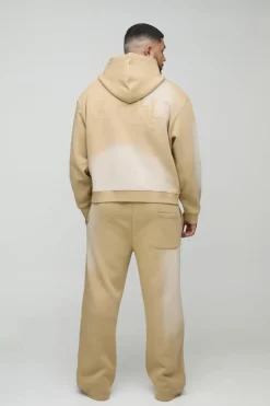 Plus Oversized Boxy Distressed Official Applique Spray Wash Hooded Tracksuit