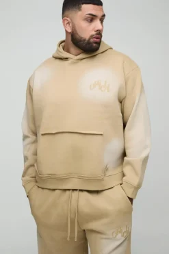 Plus Oversized Boxy Distressed Official Applique Spray Wash Hooded Tracksuit