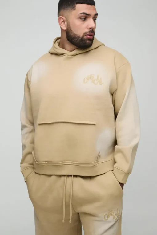 Plus Oversized Boxy Distressed Official Applique Spray Wash Hooded Tracksuit