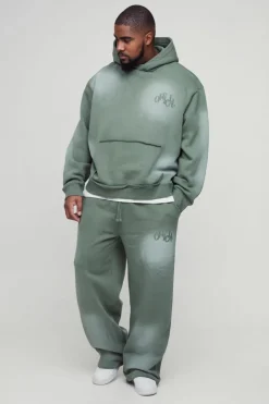 Plus Oversized Boxy Distressed Official Applique Spray Wash Hooded Tracksuit