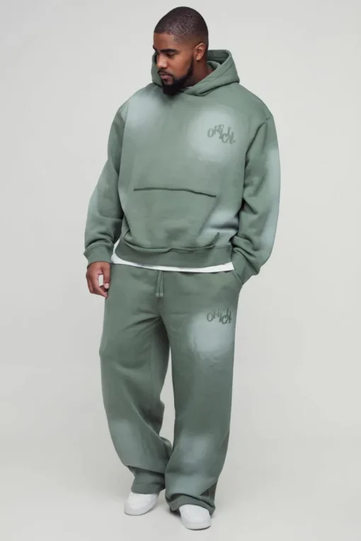 Plus Oversized Boxy Distressed Official Applique Spray Wash Hooded Tracksuit