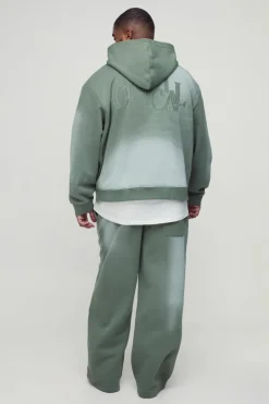 Plus Oversized Boxy Distressed Official Applique Spray Wash Hooded Tracksuit