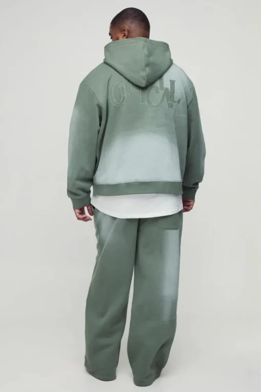 Plus Oversized Boxy Distressed Official Applique Spray Wash Hooded Tracksuit