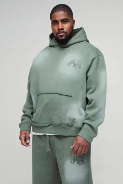 Plus Oversized Boxy Distressed Official Applique Spray Wash Hooded Tracksuit