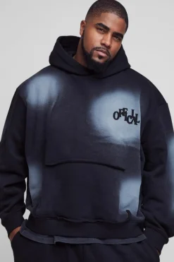 Plus Oversized Boxy Distressed Official Applique Spray Wash Hoodie