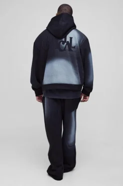 Plus Oversized Boxy Distressed Official Applique Spray Wash Hoodie