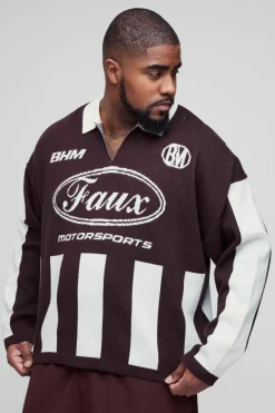 Plus Oversized Boxy Football Knitted Long Sleeve Polo