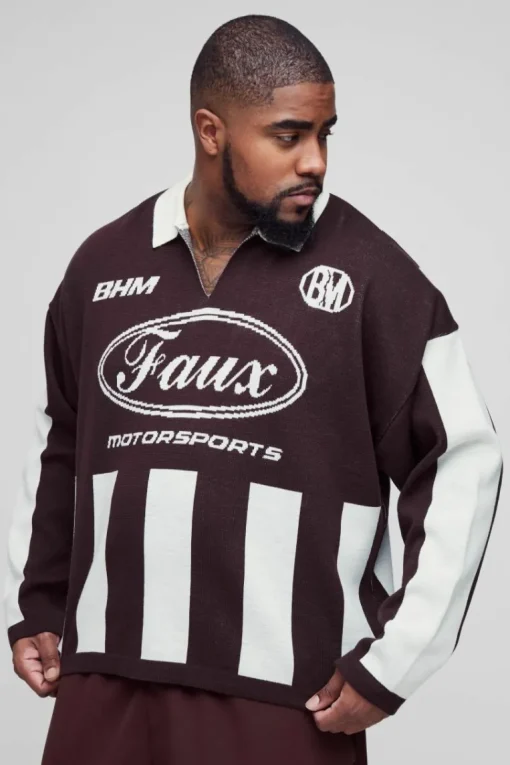 Plus Oversized Boxy Football Knitted Long Sleeve Polo