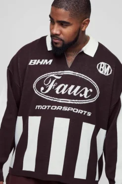 Plus Oversized Boxy Football Knitted Long Sleeve Polo