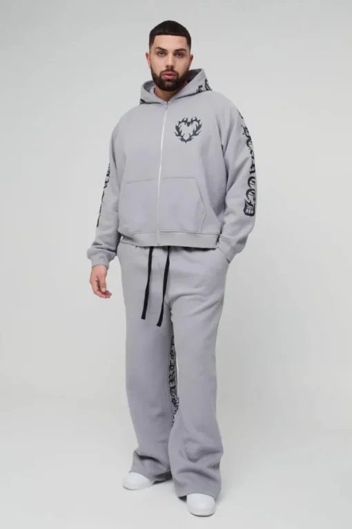 Plus Oversized Boxy Gothic Heart Print Gusset Hooded Tracksuit