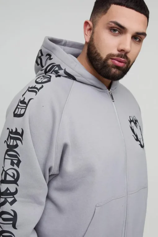 Plus Oversized Boxy Gothic Heart Print Gusset Hooded Tracksuit