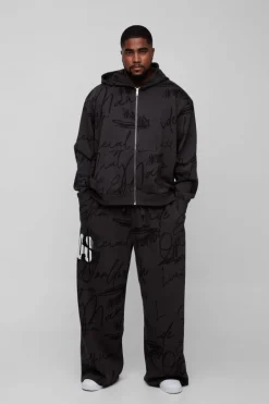 Plus Oversized Boxy Graffiti Hooded Wide Leg Tracksuit