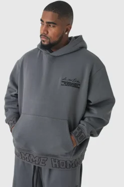 Plus Oversized Boxy Homme Embroidered Hoodie
