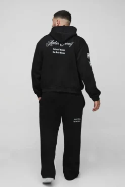 Plus Oversized Boxy Official Embroidery Hooded Relaxed Flare Tracksuit