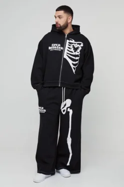 Plus Oversized Boxy Skeleton Puff Print Contrast Stitch Hooded Tracksuit