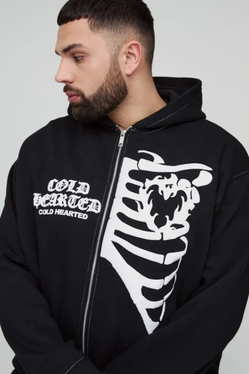 Plus Oversized Boxy Skeleton Puff Print Contrast Stitch Hooded Tracksuit