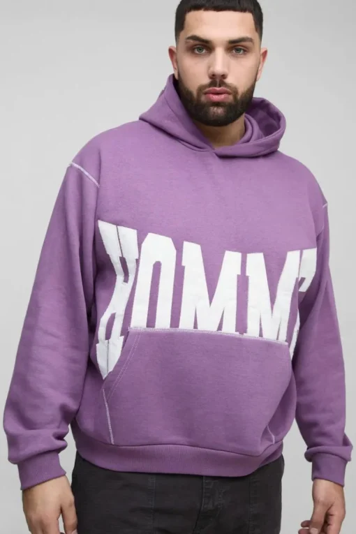 Plus Oversized Boxy Twill Applique Contrast Stitch Hoodie