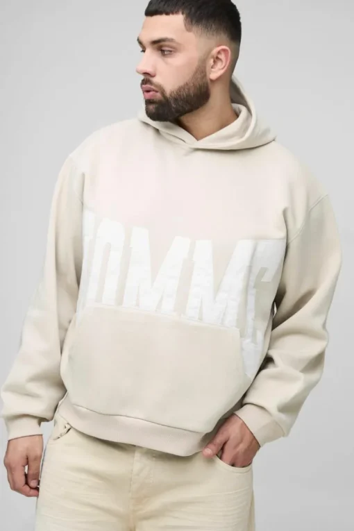 Plus Oversized Boxy Twill Applique Contrast Stitch Hoodie