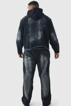 Plus Oversized Boxy Washed Applique Hooded Tracksuit