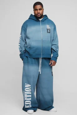 Plus Oversized Boxy Zip Thru Official Spray Wash Hooded Wide Leg Tracksuit