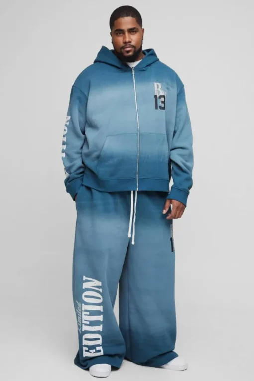 Plus Oversized Boxy Zip Thru Official Spray Wash Hooded Wide Leg Tracksuit