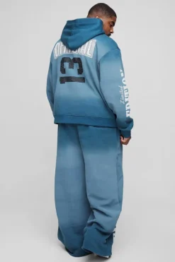 Plus Oversized Boxy Zip Thru Official Spray Wash Hooded Wide Leg Tracksuit