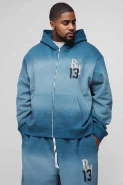 Plus Oversized Boxy Zip Thru Official Spray Wash Hooded Wide Leg Tracksuit