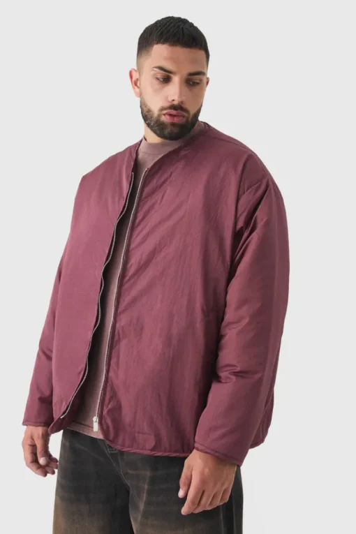 Plus Oversized Collarless Padded Bomber Jacket In Wine