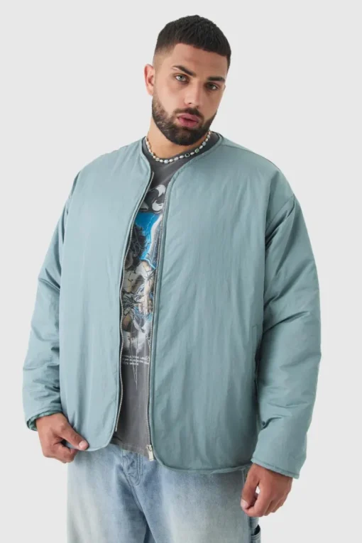 Plus Oversized Collarless Padded Bomber Jacket In Slate