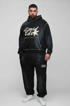 Plus Oversized Contrast Stitch Lmted Spray Wash Hooded Tracksuit