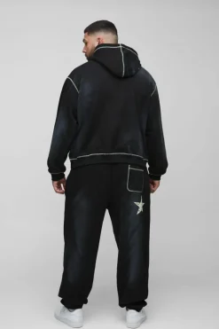 Plus Oversized Contrast Stitch Lmted Spray Wash Hooded Tracksuit